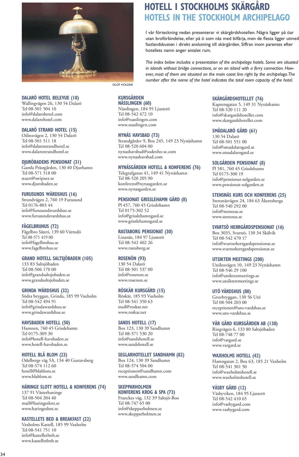 Siffran inom parentes efter hotellets namn anger antalet rum. OLOF HOLDAR The index below includes a presentation of the archipelago hotels.