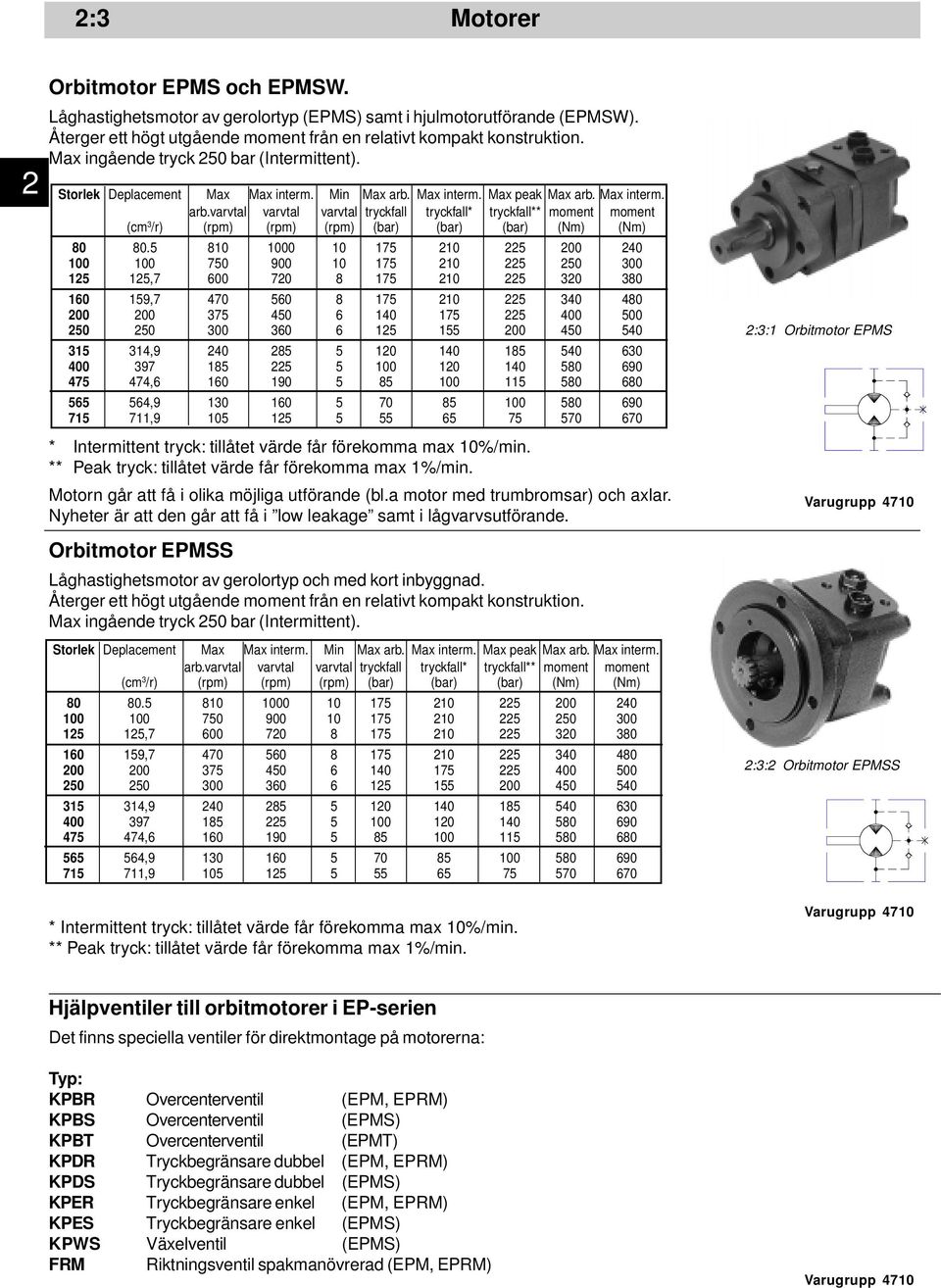 Max interm. Max peak Max arb. Max interm. arb.varvtal varvtal varvtal tryckfall tryckfall* tryckfall** moment moment (cm 3 /r) (rpm) (rpm) (rpm) (bar) (bar) (bar) (Nm) (Nm) 80 80.