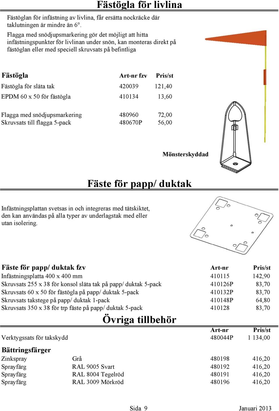 Pris/st Fästögla för släta tak 420039 121,40 EPDM 60 x 50 för fästögla 410134 13,60 Flagga med snödjupsmarkering 480960 72,00 Skruvsats till flagga 5-pack 480670P 56,00 Mönsterskyddad Fäste för papp/