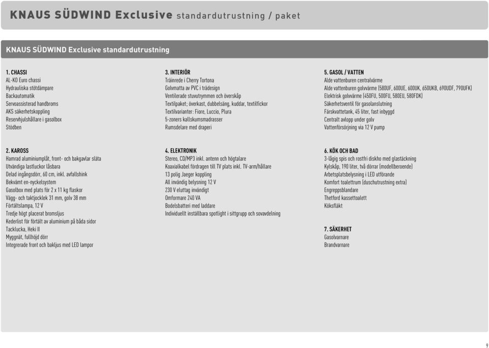 INTERIÖR Träinrede i Cherry Tortona Golvmatta av PVC i trädesign Ventilerade stuvutrymmen och överskåp Textilpaket; överkast, dubbelsäng, kuddar, textilfickor Textilvarianter: Fiore, Luccio, Plura