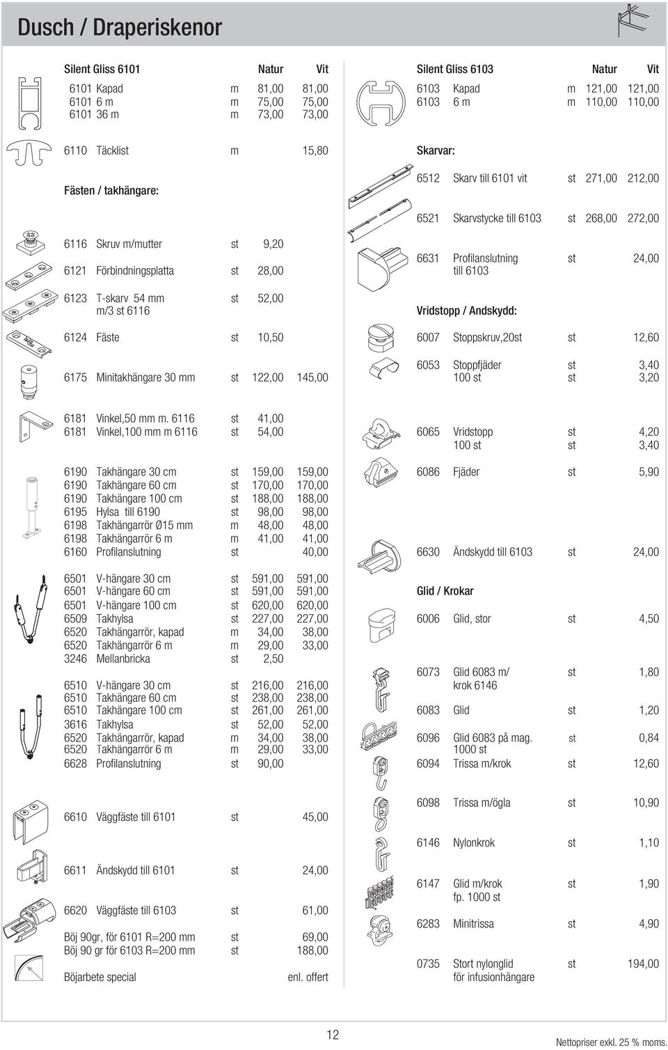 24,00 6121 Förbindningsplatta st 28,00 till 6103 6123 Tskarv 54 mm st 52,00 m/3 st 6116 Vridstopp / Ändskydd: 6124 Fäste st 10,50 6007 Stoppskruv,20st st 12,60 6053 Stoppfjäder st 3,40 6175