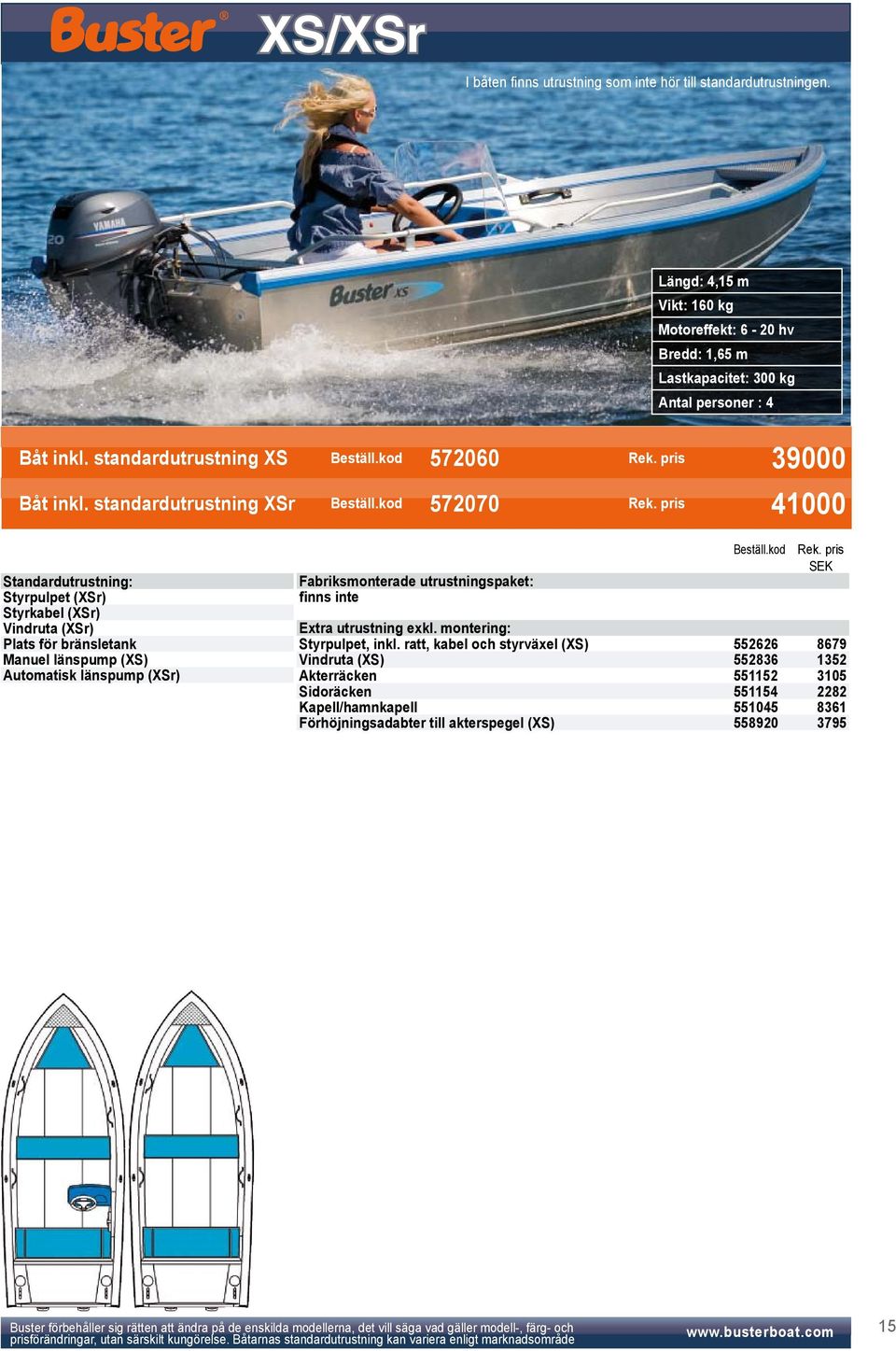 pris 41000 Standardutrustning: Styrpulpet (XSr) Styrkabel (XSr) Vindruta (XSr) Plats för bränsletank Manuel länspump (XS) Automatisk länspump (XSr) Fabriksmonterade utrustningspaket: finns inte