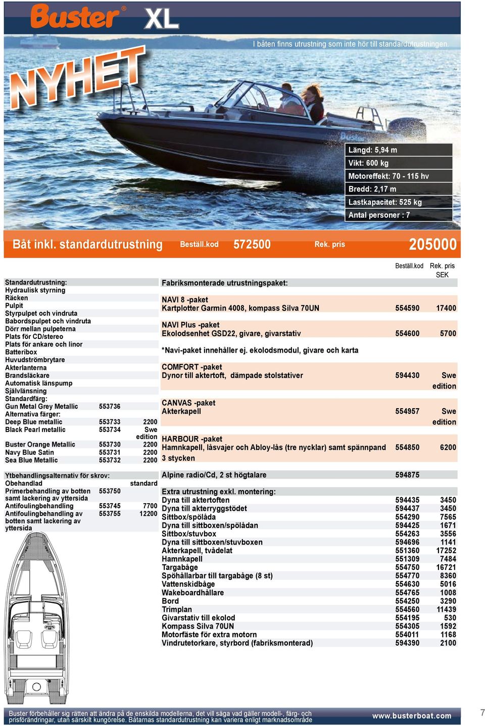 pris 205000 Standardutrustning: Hydraulisk styrning Räcken Pulpit Styrpulpet och vindruta Babordspulpet och vindruta Dörr mellan pulpeterna Plats för CD/stereo Plats för ankare och linor Batteribox