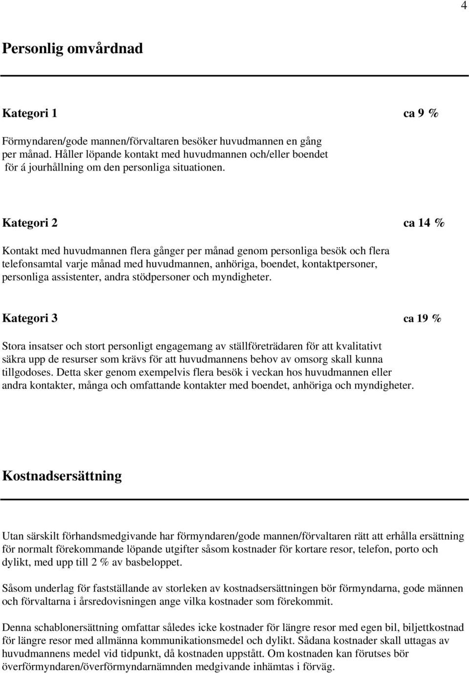 Kategori 2 ca 14 % Kontakt med huvudmannen flera gånger per månad genom personliga besök och flera telefonsamtal varje månad med huvudmannen, anhöriga, boendet, kontaktpersoner, personliga