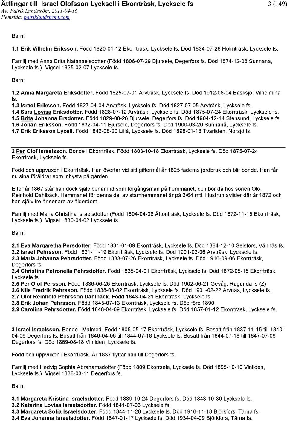 2 Anna Margareta Eriksdotter. Född 1825-07-01 Arvträsk, Död 1912-08-04 Bäsksjö, Vilhelmina 1.3 Israel Eriksson. Född 1827-04-04 Arvträsk, Död 1827-07-05 Arvträsk, 1.4 Sara Lovisa Eriksdotter.