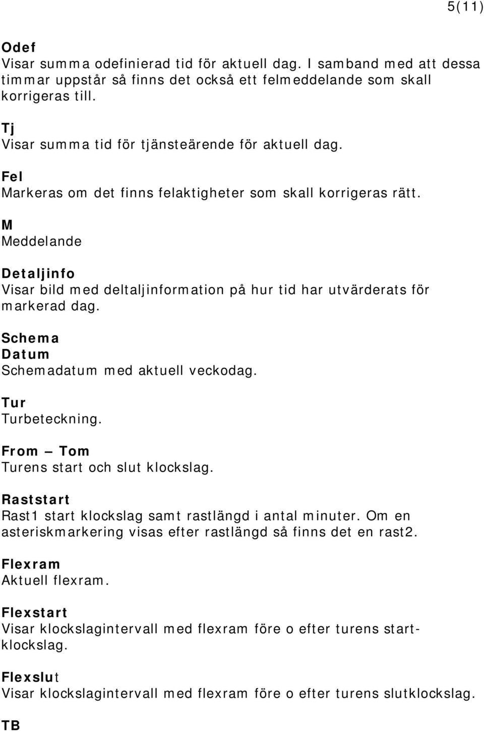 M Meddelande Detaljinfo Visar bild med deltaljinformation på hur tid har utvärderats för markerad dag. Schema Datum Schemadatum med aktuell veckodag. Tur Turbeteckning.