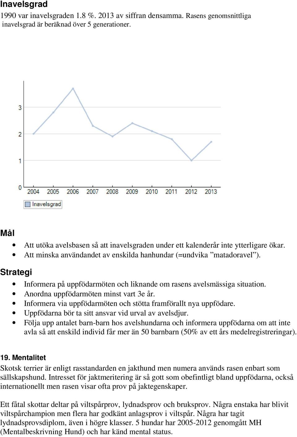 Strategi Informera på uppfödarmöten och liknande om rasens avelsmässiga situation. Anordna uppfödarmöten minst vart 3e år. Informera via uppfödarmöten och stötta framförallt nya uppfödare.
