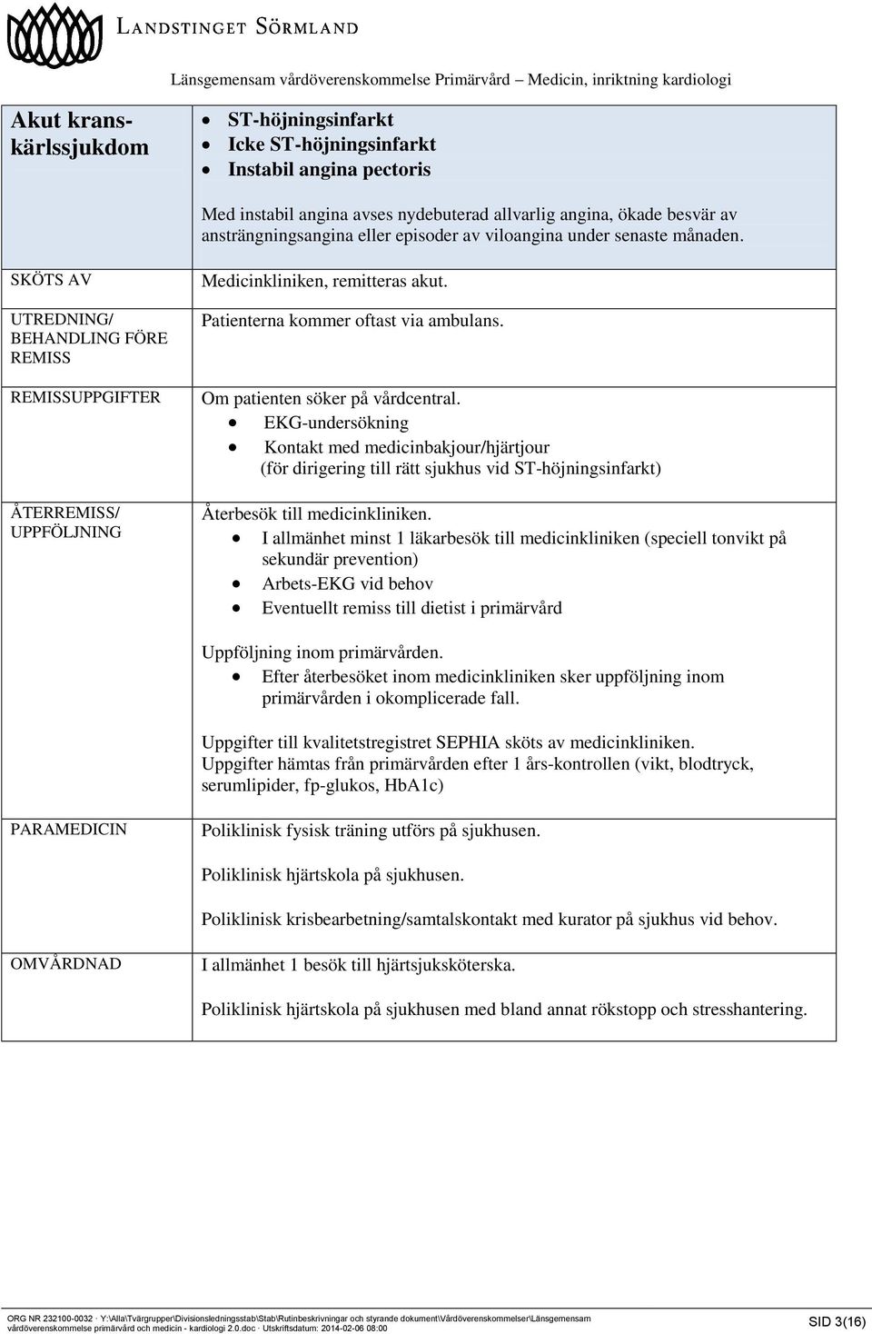 EKG-undersökning Kontakt med medicinbakjour/hjärtjour (för dirigering till rätt sjukhus vid ST-höjningsinfarkt) Återbesök till medicinkliniken.