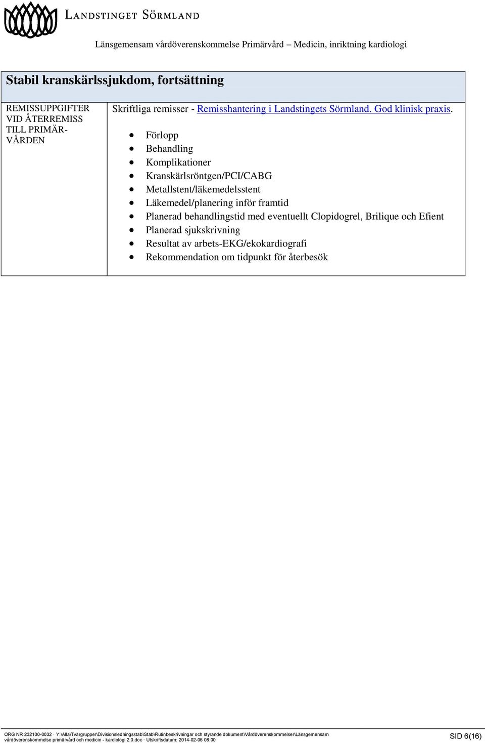 Förlopp Behandling Komplikationer Kranskärlsröntgen/PCI/CABG Metallstent/läkemedelsstent Läkemedel/planering