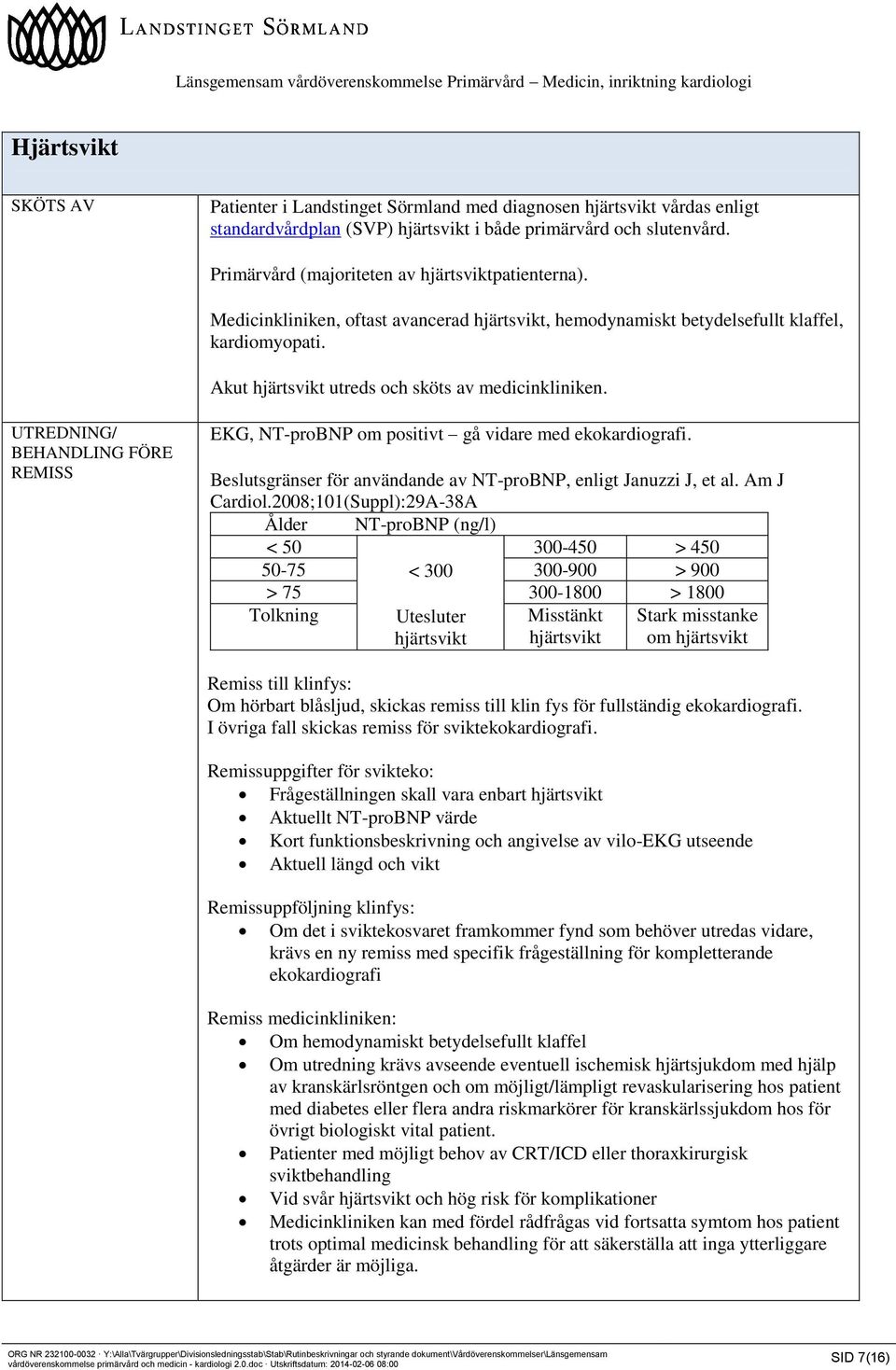 Akut hjärtsvikt utreds och sköts av medicinkliniken. EKG, NT-proBNP om positivt gå vidare med ekokardiografi. Beslutsgränser för användande av NT-proBNP, enligt Januzzi J, et al. Am J Cardiol.