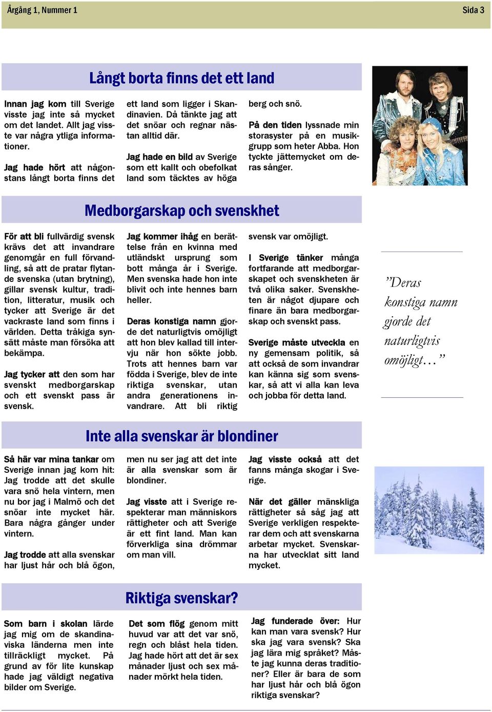 Jag hade en bild av Sverige som ett kallt och obefolkat land som täcktes av höga berg och snö. På den tiden lyssnade min storasyster på en musikgrupp som heter Abba.