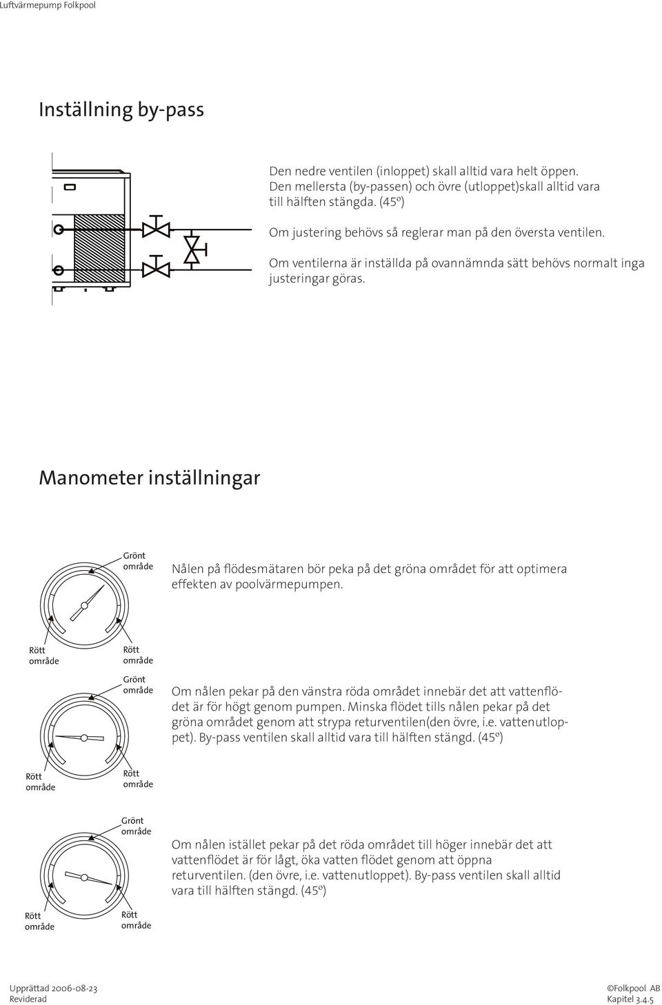 Manometer inställningar Grönt Nålen på flödesmätaren bör peka på det gröna t för att optimera effekten av poolvärmepumpen.