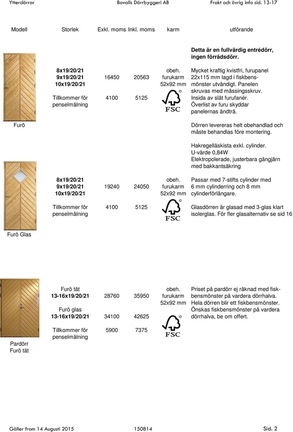 Tillkommer för 4100 5125 Insida av slät furufanér. penselmålning Överlist av furu skyddar panelernas ändträ. Furö Dörren levereras helt obehandlad och måste behandlas före montering.