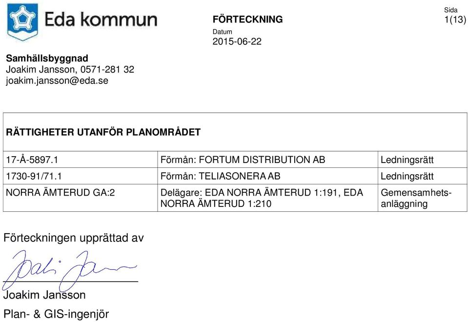 1 Förmån: TELIASONERA AB Ledningsrätt NORRA ÄMTERUD GA:2 Delägare: EDA