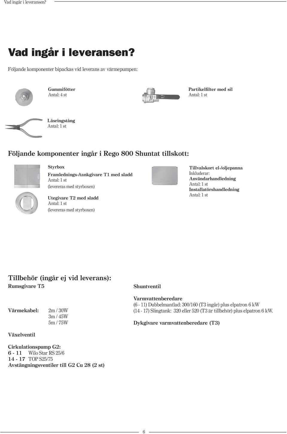 Styrbox Framlednings-/tankgivare T1 med sladd Antal: 1 st (levereras med styrboxen) Utegivare T2 med sladd Antal: 1 st (levereras med styrboxen) Tillvalskort el-/oljepanna Inkluderar: