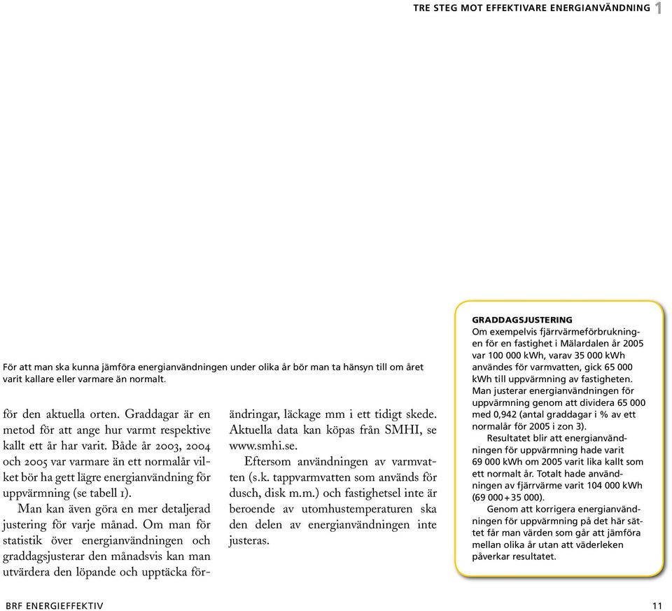 Både år 2003, 2004 och 2005 var varmare än ett normalår vilket bör ha gett lägre energianvändning för uppvärmning (se tabell 1). Man kan även göra en mer detaljerad justering för varje månad.