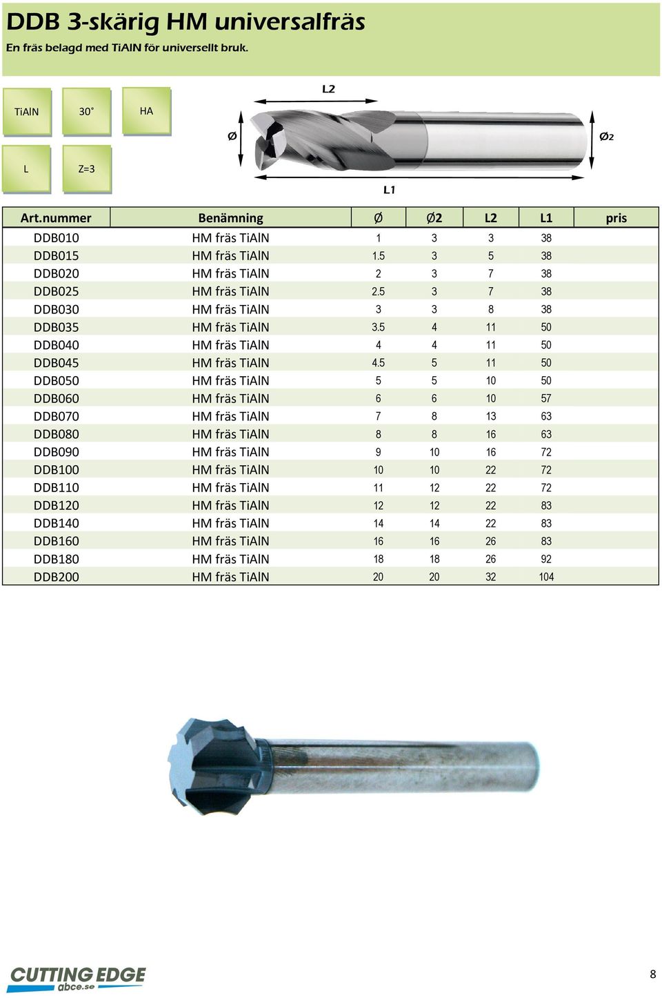 5 5 11 50 DDB050 HM fräs TiAlN 5 5 10 50 DDB060 HM fräs TiAlN 6 6 10 57 DDB070 HM fräs TiAlN 7 8 13 63 DDB080 HM fräs TiAlN 8 8 16 63 DDB090 HM fräs TiAlN 9 10 16 72 DDB100 HM fräs TiAlN 10