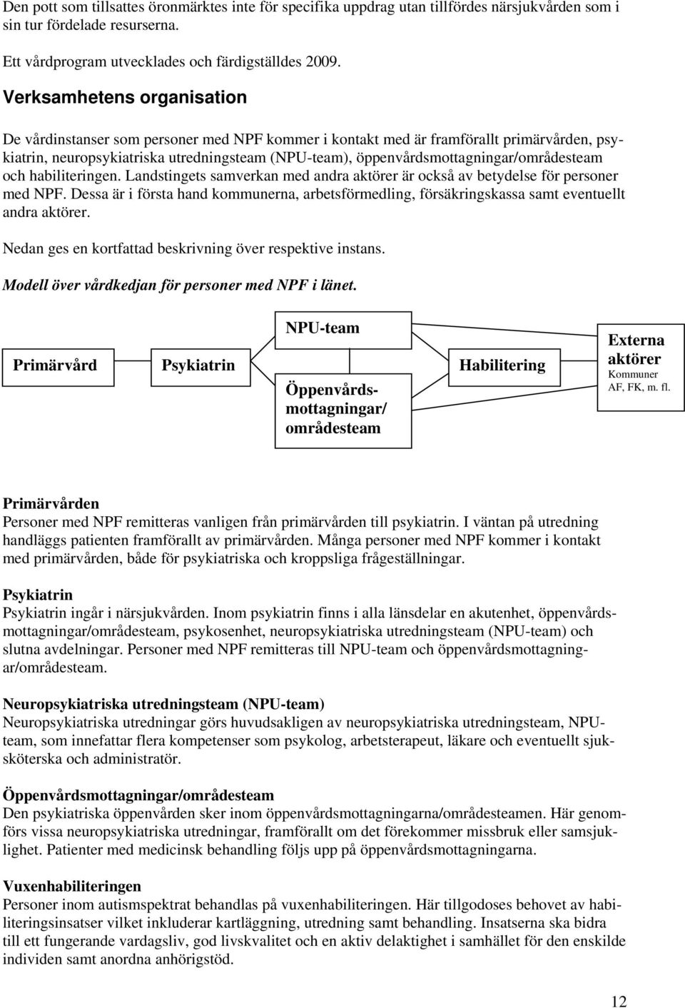 öppenvårdsmottagningar/områdesteam och habiliteringen. Landstingets samverkan med andra aktörer är också av betydelse för personer med NPF.