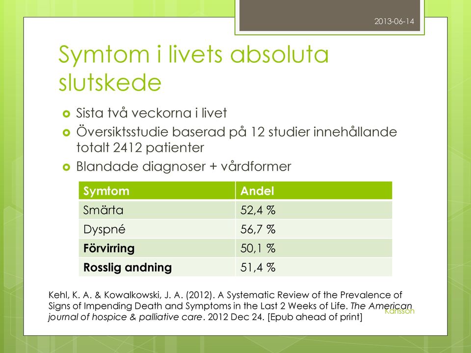 andning 51,4 % Kehl, K. A. & Kowalkowski, J. A. (2012).