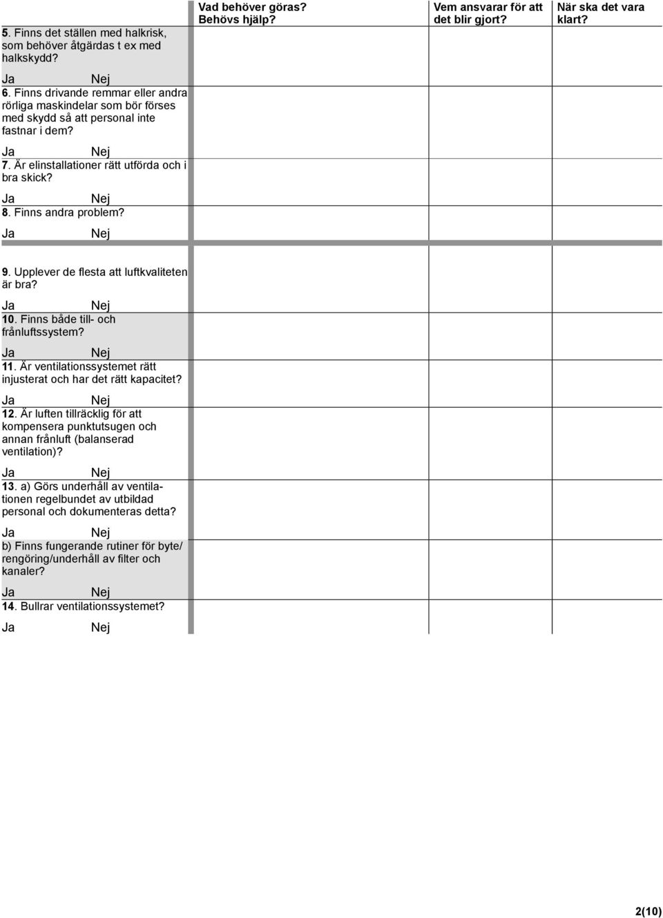 VENTILATION 9. Upplever de flesta att luftkvaliteten är bra? 10. Finns både till- och frånluftssystem? 11. Är ventilationssystemet rätt injusterat och har det rätt kapacitet? 12.