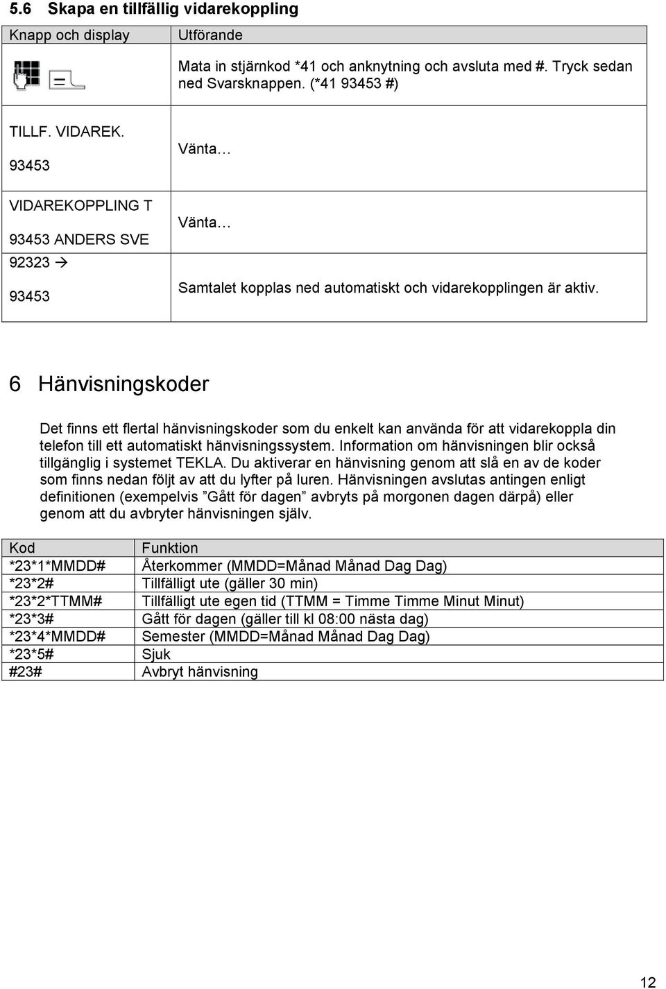 6 Hänvisningskoder Det finns ett flertal hänvisningskoder som du enkelt kan använda för att vidarekoppla din telefon till ett automatiskt hänvisningssystem.