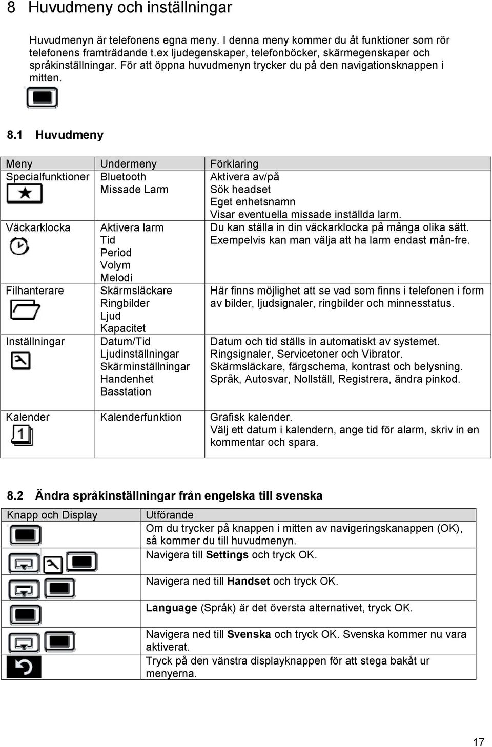 1 Huvudmeny Meny Undermeny Förklaring Specialfunktioner Bluetooth Missade Larm Aktivera av/på Sök headset Eget enhetsnamn Väckarklocka Filhanterare Inställningar Aktivera larm Tid Period Volym Melodi