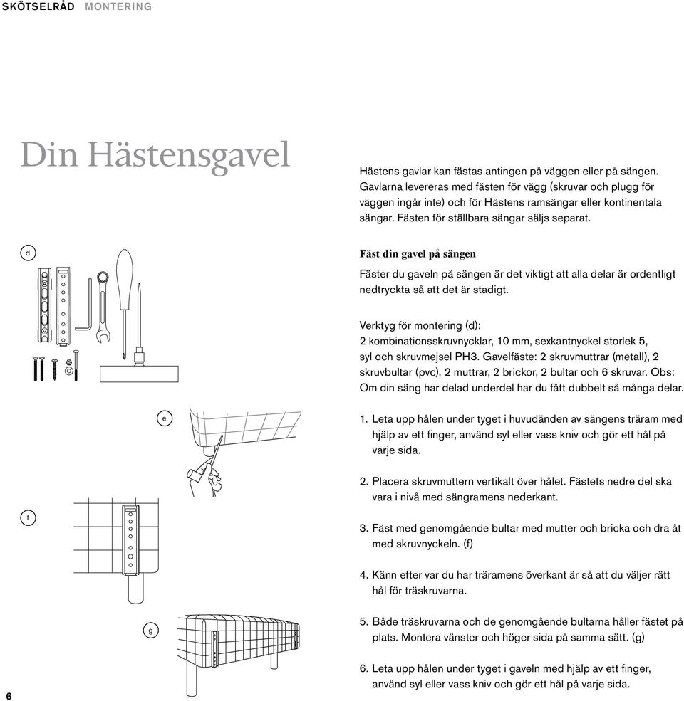 d Fäst din gavel på sängen Fäster du gaveln på sängen är det viktigt att alla delar är ordentligt nedtryckta så att det är stadigt.