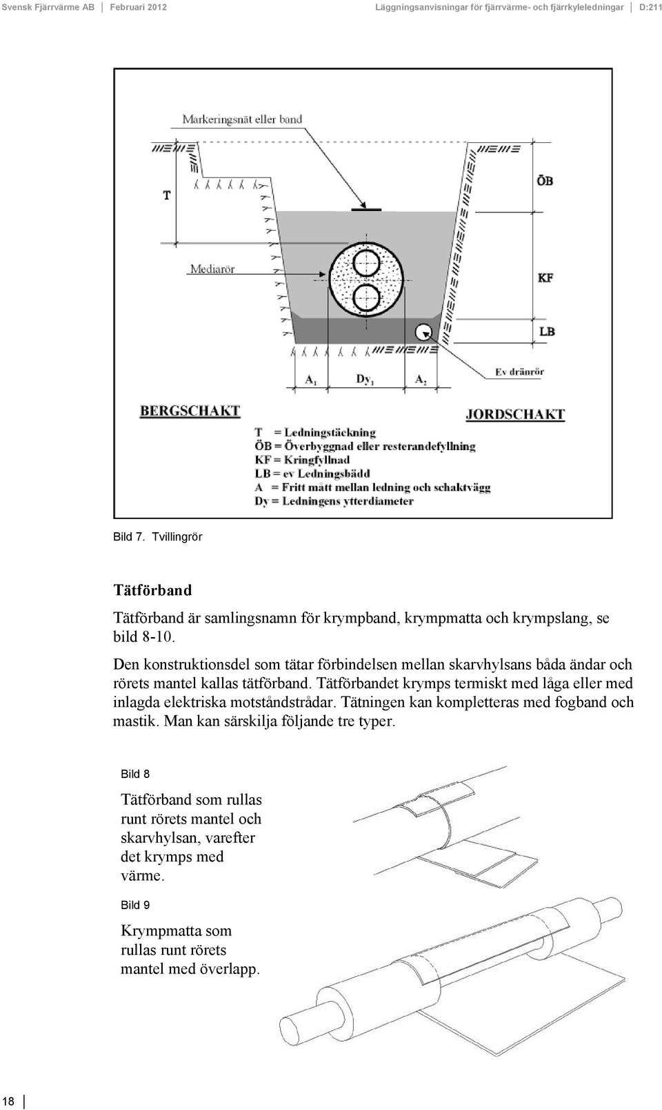 Tätförbandet krymps termiskt med låga eller med inlagda elektriska motståndstrådar. Tätningen kan kompletteras med fogband och mastik.