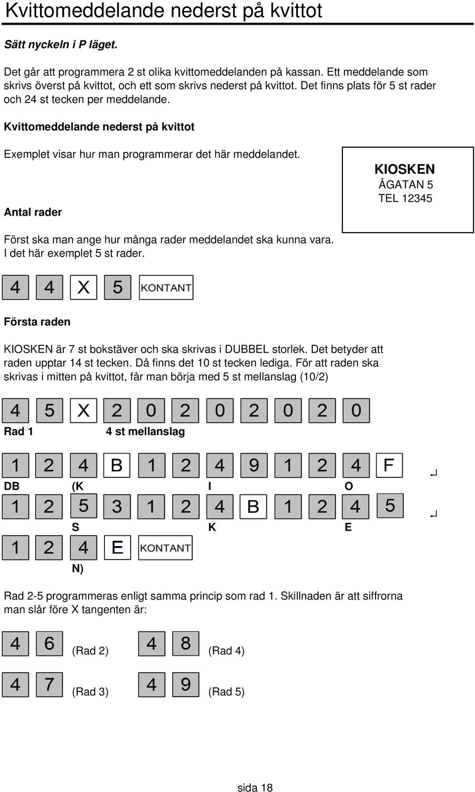 Kvittomeddelande nederst på kvittot Exemplet visar hur man programmerar det här meddelandet. Antal rader KIOSKEN ÅGATAN 5 TEL 12345 Först ska man ange hur många rader meddelandet ska kunna vara.