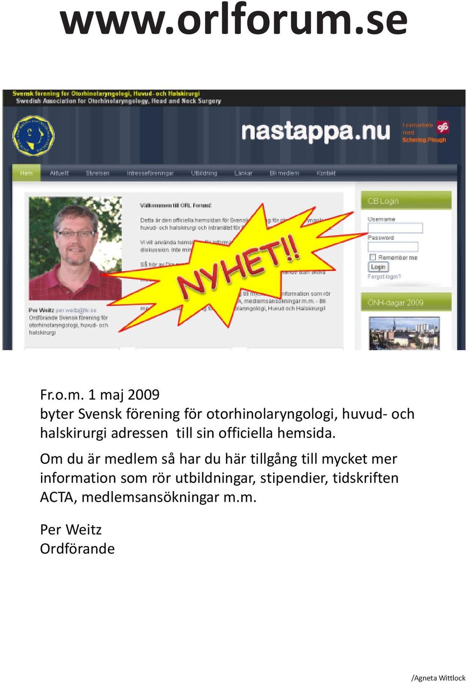 1 maj 2009 byter Svensk förening för otorhinolaryngologi, huvud- och halskirurgi