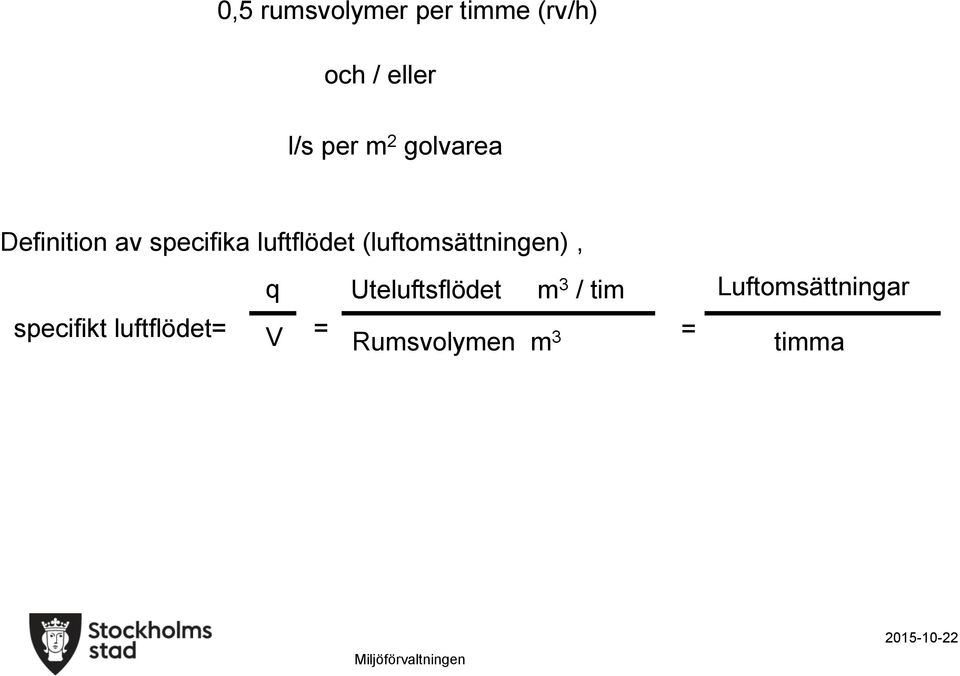 (luftomsättningen), q Uteluftsflödet m 3 / tim