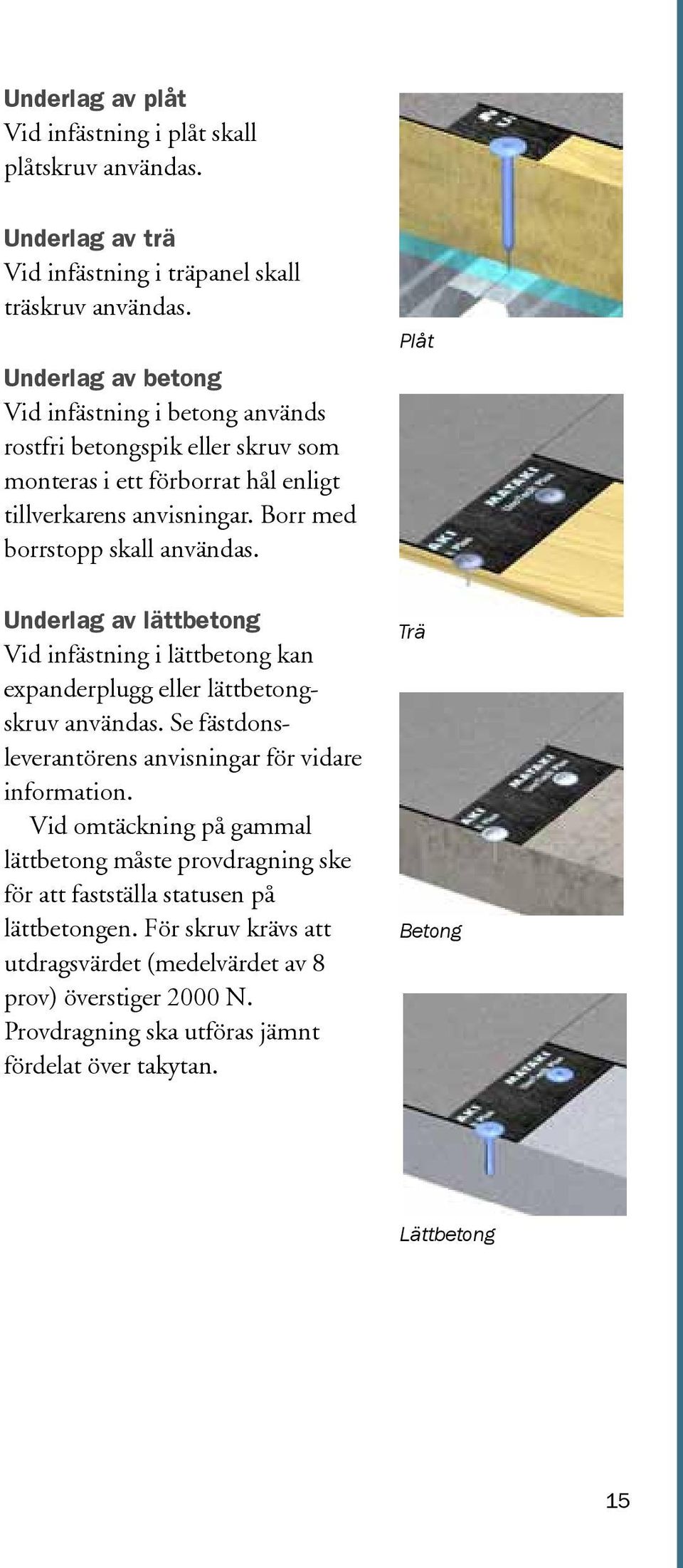 Underlag av lättbetong Vid infästning i lättbetong kan expanderplugg eller lättbetongskruv användas. Se fästdonsleverantörens anvisningar för vidare information.