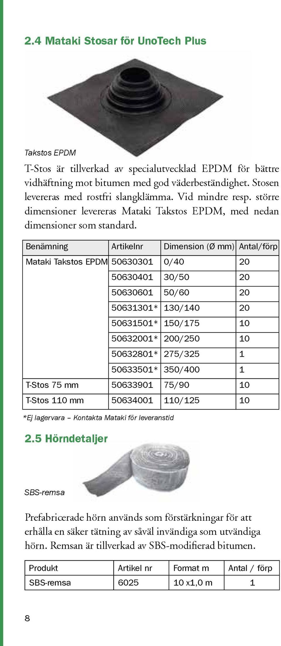 Benämning Artikelnr Dimension (Ø mm) Antal/förp Mataki Takstos EPDM 50630301 0/40 20 50630401 30/50 20 50630601 50/60 20 50631301* 130/140 20 50631501* 150/175 10 50632001* 200/250 10 50632801*