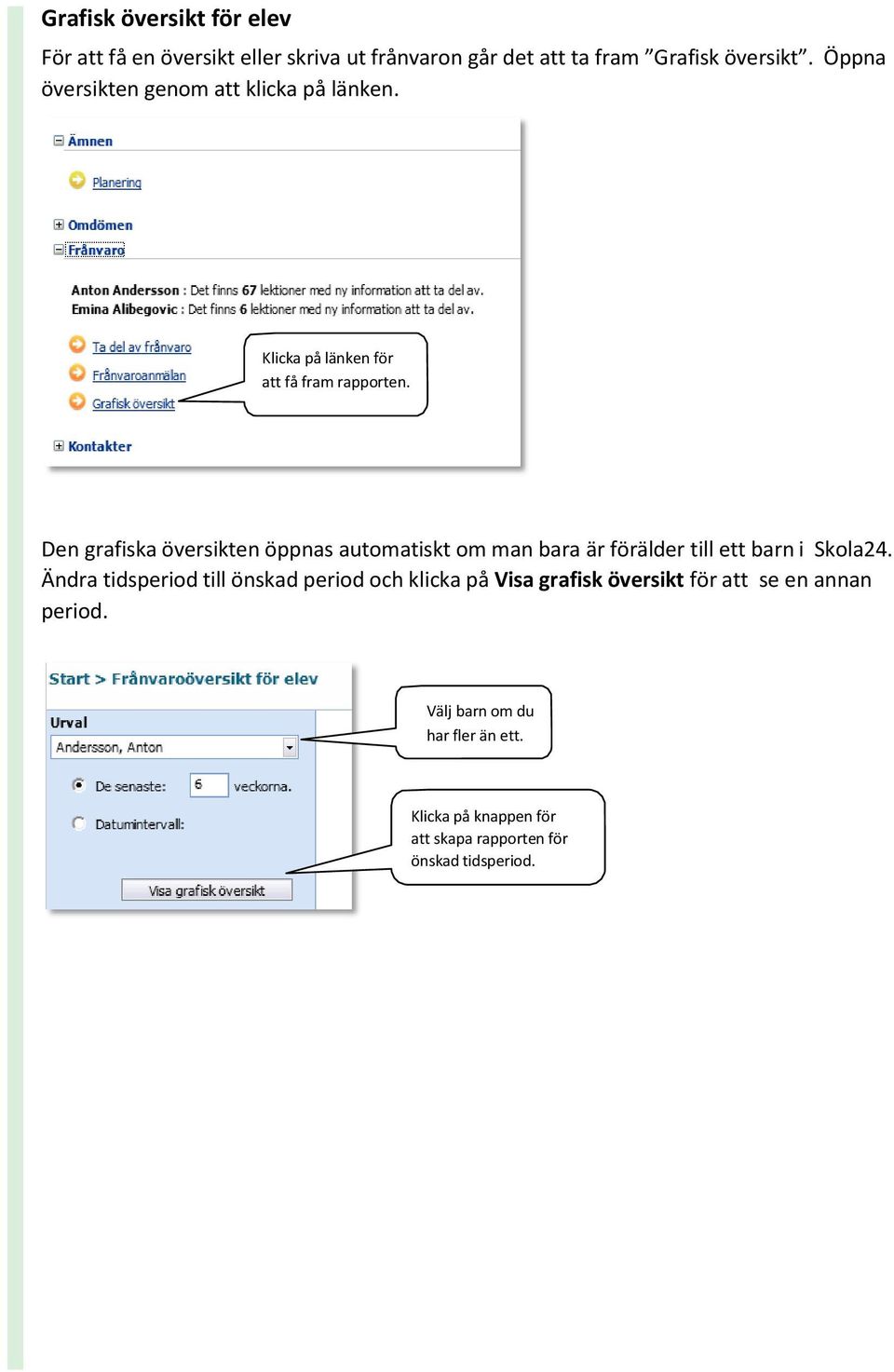 Den grafiska översikten öppnas automatiskt om man bara är förälder till ett barn i Skola24.