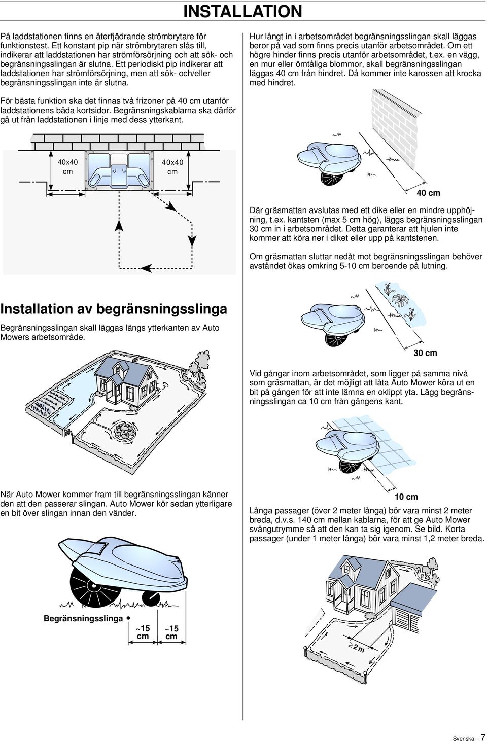 Ett periodiskt pip indikerar att laddstationen har strömförsörjning, men att sök- och/eller begränsningsslingan inte är slutna.