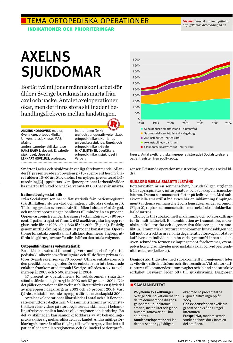 Antalet axeloperationer ökar, men det finns stora skillnader i behandlingsfrekvens mellan landstingen. ANDERS NORDQVIST, med dr, överläkare, ortopedkliniken, Universitetssjukhuset MAS, Malmö anders.c.