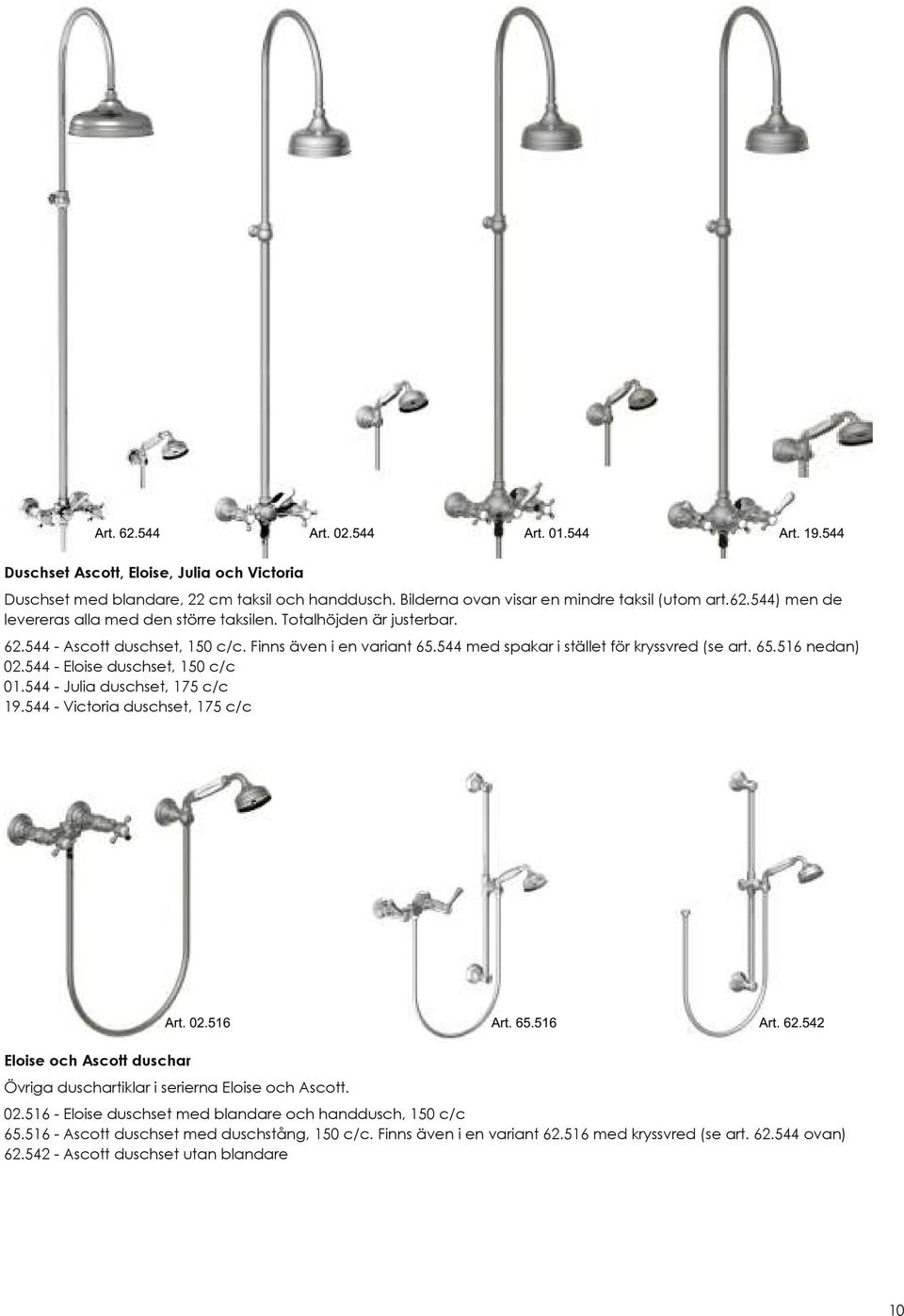 544 Julia duschset, 175 c/c 19.544 Victoria duschset, 175 c/c Art. 02.51 6 Art. 65.51 6 Art. 62.542 Eloise och Ascott duschar Övriga duschartiklar i serierna Eloise och Ascott. 02.516 Eloise duschset med blandare och handdusch, 150 c/c 65.