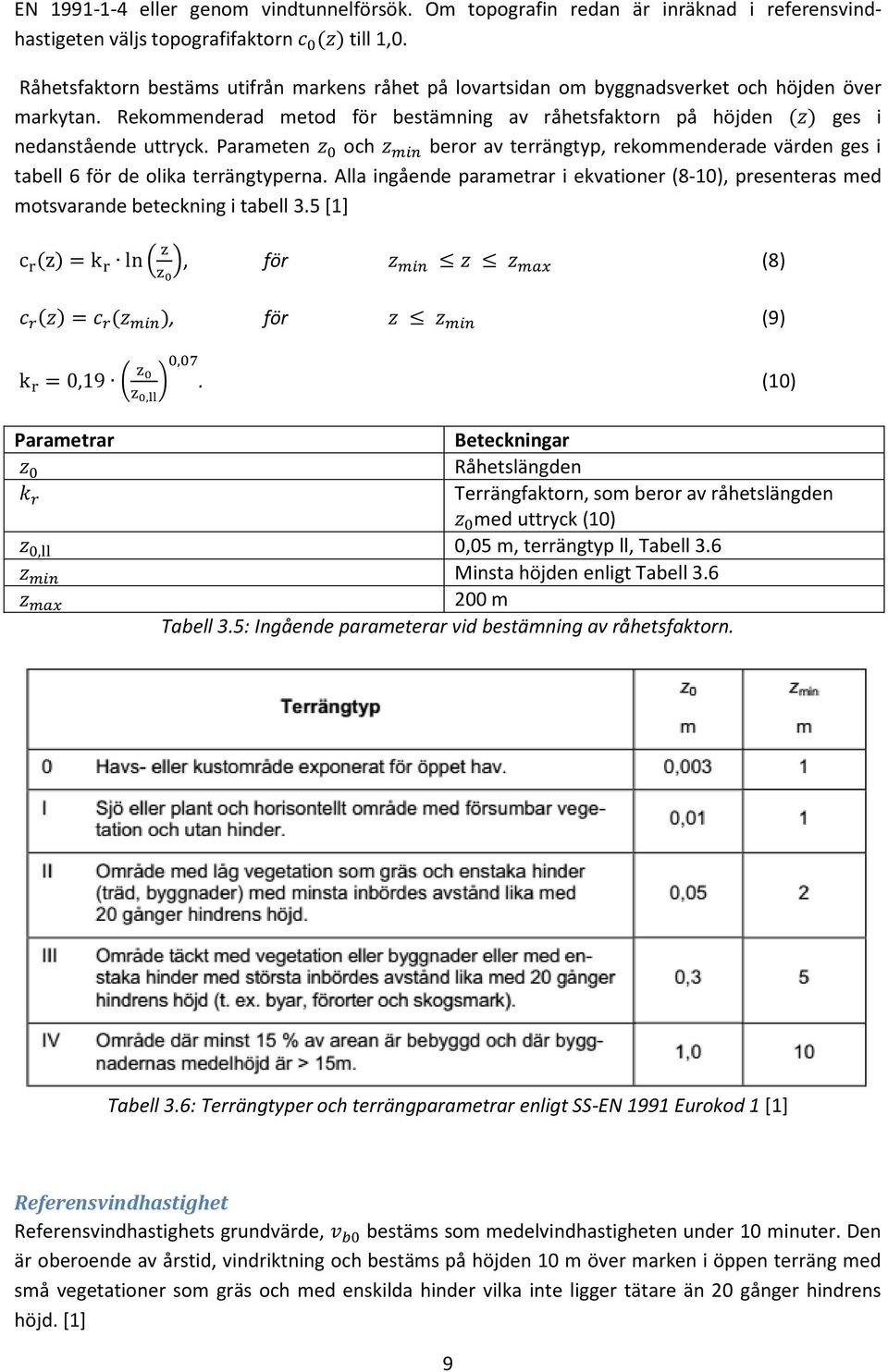 Parameten och beror av terrängtyp, rekommenderade värden ges i tabell 6 för de olika terrängtyperna. Alla ingående parametrar i ekvationer (8-10), presenteras med motsvarande beteckning i tabell 3.