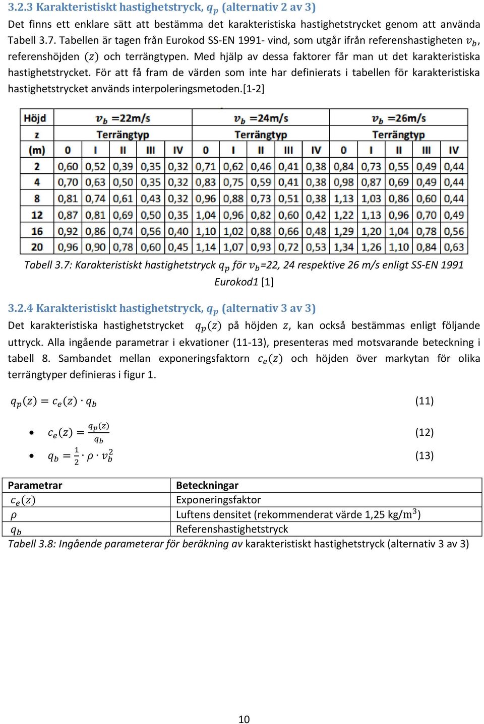 För att få fram de värden som inte har definierats i tabellen för karakteristiska hastighetstrycket används interpoleringsmetoden.[1-2] Tabell 3.