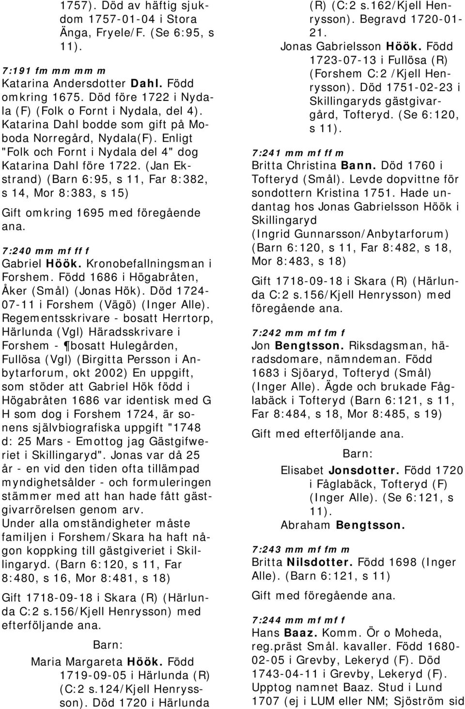 (Jan Ekstrand) (Barn 6:95, s 11, Far 8:382, s 14, Mor 8:383, s 15) Gift omkring 1695 med föregående 7:240 mm mf ff f Gabriel Höök. Kronobefallningsman i Forshem.