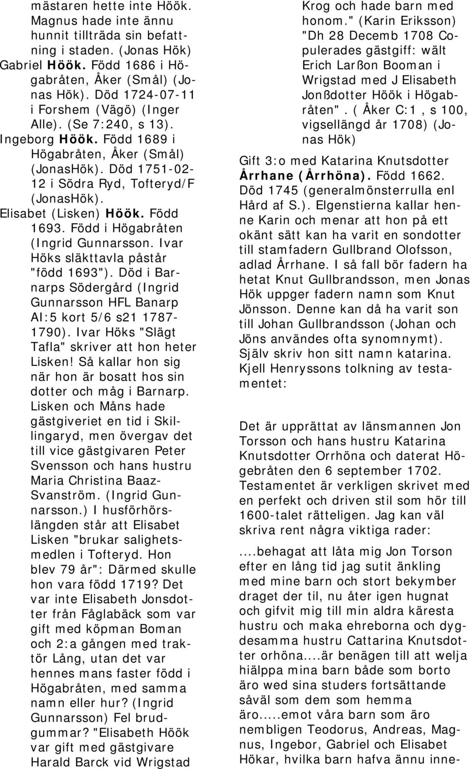 Elisabet (Lisken) Höök. Född 1693. Född i Högabråten (Ingrid Gunnarsson. Ivar Höks släkttavla påstår "född 1693"). Död i Barnarps Södergård (Ingrid Gunnarsson HFL Banarp AI:5 kort 5/6 s21 1787-1790).