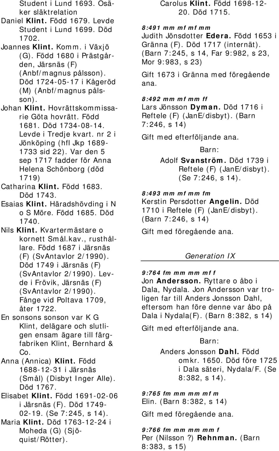 Var den 5 sep 1717 fadder för Anna Helena Schönborg (död 1719) Catharina Klint. Född 1683. Död 1743. Esaias Klint. Häradshövding i N o S Möre. Född 1685. Död 1740. Nils Klint.