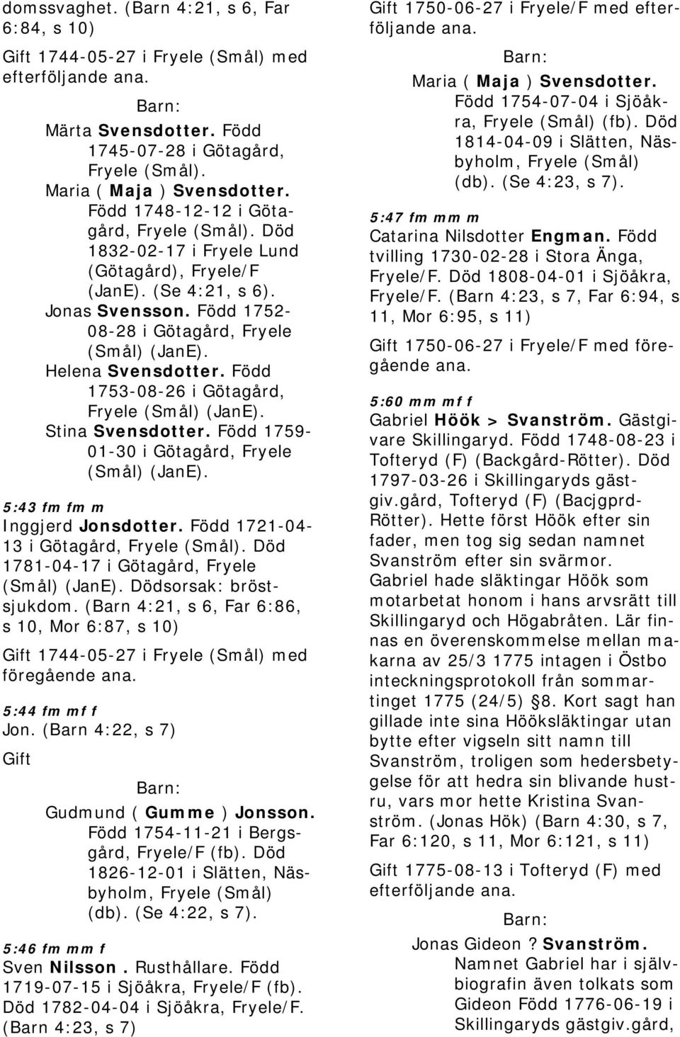 Helena Svensdotter. Född 1753-08-26 i Götagård, Fryele (Smål) (JanE). Stina Svensdotter. Född 1759-01-30 i Götagård, Fryele (Smål) (JanE). 5:43 fm fm m Inggjerd Jonsdotter.