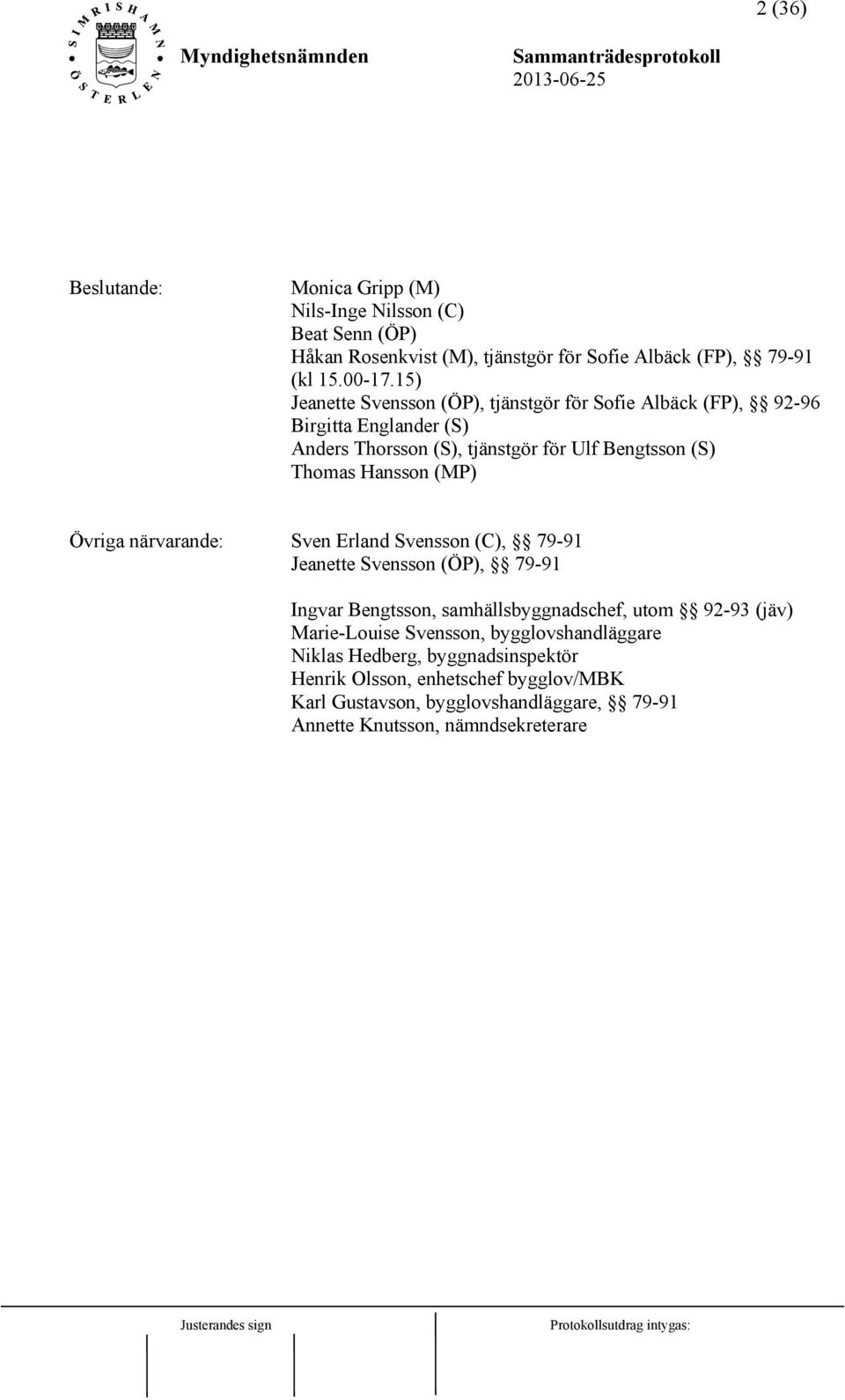 (MP) Övriga närvarande: Sven Erland Svensson (C), 79-91 Jeanette Svensson (ÖP), 79-91 Ingvar Bengtsson, samhällsbyggnadschef, utom 92-93 (jäv) Marie-Louise