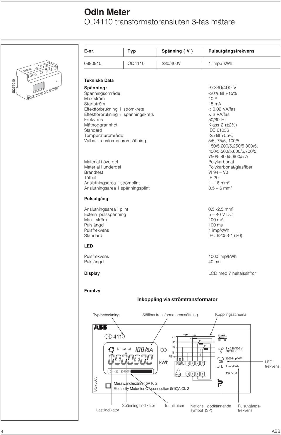 02 VA/fas Effektförbrukning i spänningskrets < 2 VA/fas Frekvens 50/60 Hz Mätnoggrannhet Klass 2 (±2%) Standard IEC 61036 Temperaturområde -25 till +55 o C Valbar transformatoromsättning 5/5, 75/5,