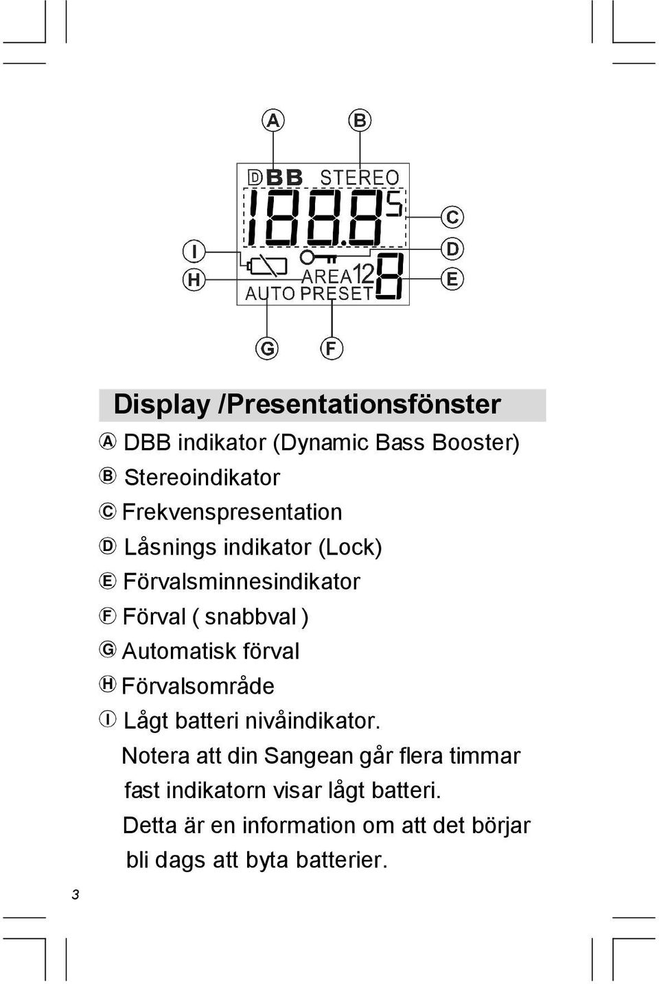 snabbval ) Automatisk förval Förvalsområde Lågt batteri nivåindikator.