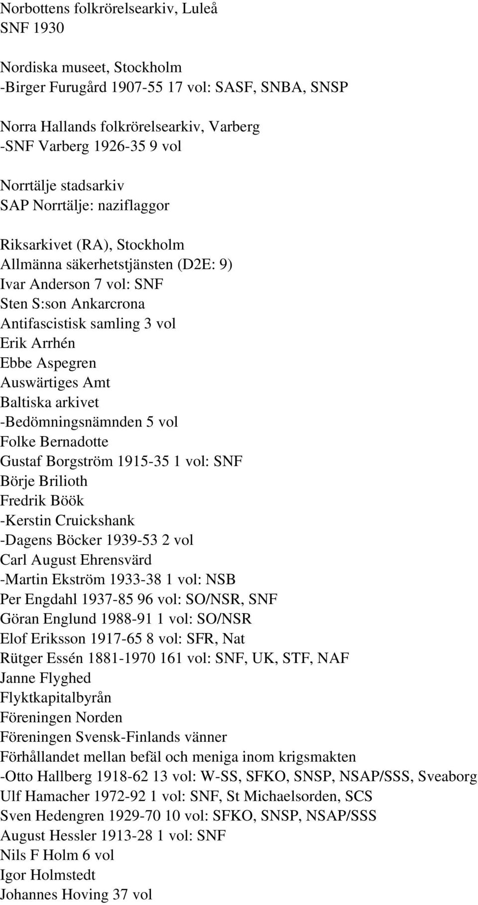 Aspegren Auswärtiges Amt Baltiska arkivet -Bedömningsnämnden 5 vol Folke Bernadotte Gustaf Borgström 1915-35 1 vol: SNF Börje Brilioth Fredrik Böök -Kerstin Cruickshank -Dagens Böcker 1939-53 2 vol