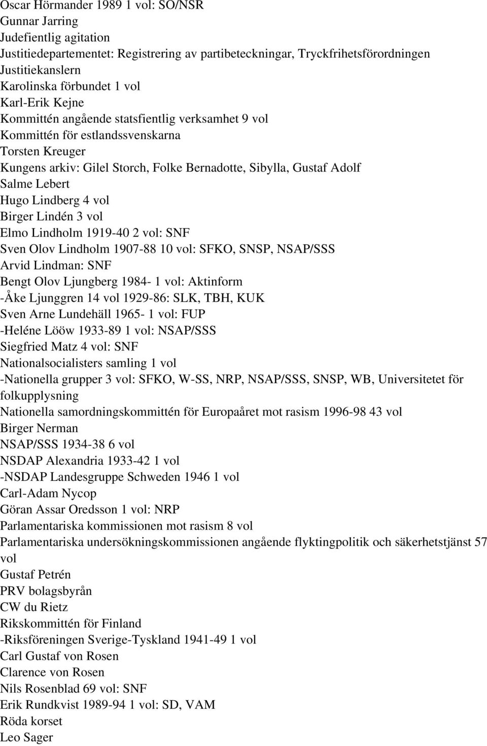 Hugo Lindberg 4 vol Birger Lindén 3 vol Elmo Lindholm 1919-40 2 vol: SNF Sven Olov Lindholm 1907-88 10 vol: SFKO, SNSP, NSAP/SSS Arvid Lindman: SNF Bengt Olov Ljungberg 1984-1 vol: Aktinform -Åke