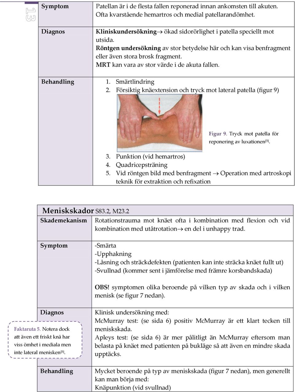 MRT kan vara av stor värde i de akuta fallen. Behandling 1. Smärtlindring 2. Försiktig knäextension och tryck mot lateral patella (figur 9) Figur 9. Tryck mot patella för reponering av luxationen [5].
