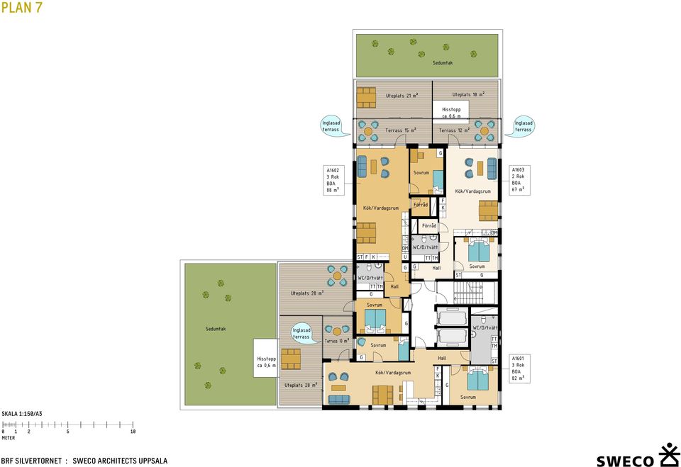 teplats 28 m² Sedumtak terrass Terrass m² Hisstopp ca 0,6 m teplats